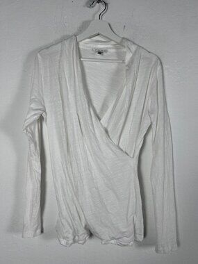 Cabi Womens White Long Sleeve Faux Wrap Top Blouse Large Lightweight 100% Cotton